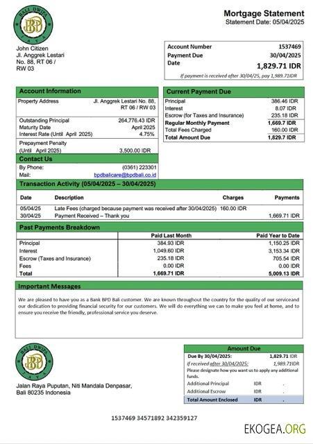 Modèle Word et PDF de relevé hypothécaire de la Banque indonésienne BPD Bali